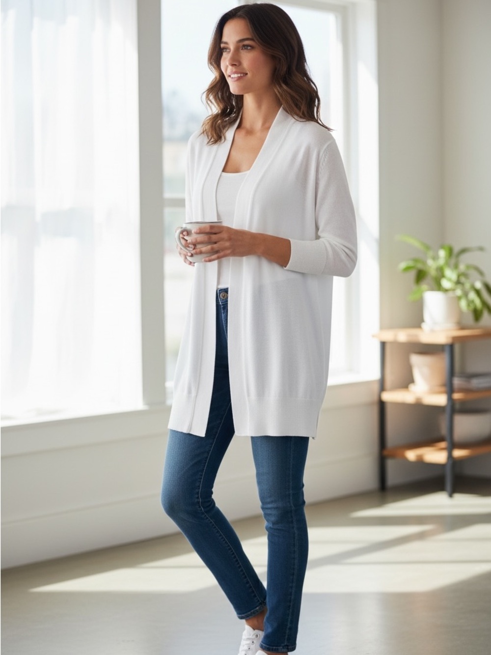 Lands' End Women's Open-Front Cream/white  Long Cardigan size medium